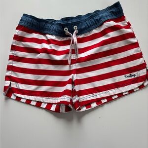 Red and White Striped Swim Shorts